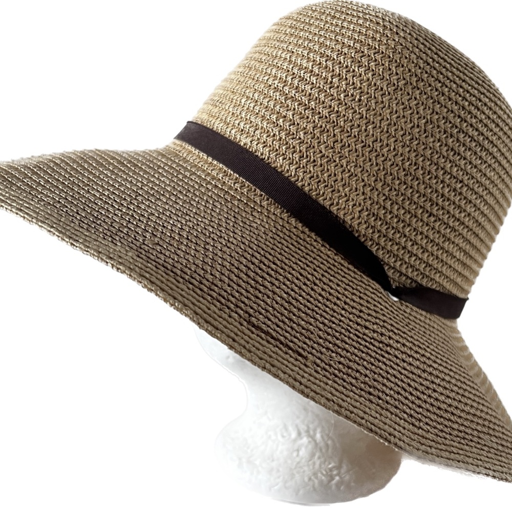 5 For $15 Wide Brim Straw Sun Hat with Black Band - Women